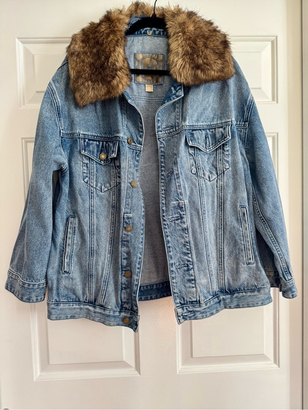 Michael Kors Light Blue Denim Jacket with Faux Fur Collar